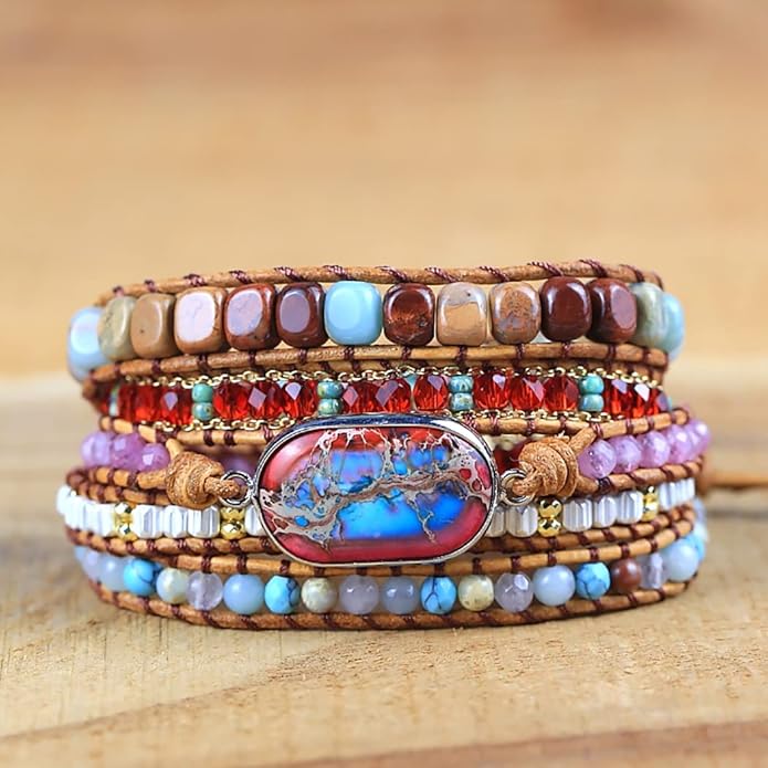 ZOSOJONA Women Wrap Bracelet Boho Natural Jasper Crystal Stone Beads Strand Bracelets