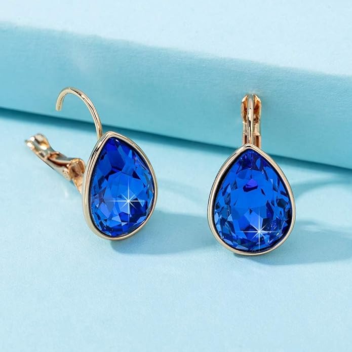 Teardrop Austrian Crystal Leverback Drop Earrings for Women 14K Rose Gold Plated Hypoallergenic Jewelry