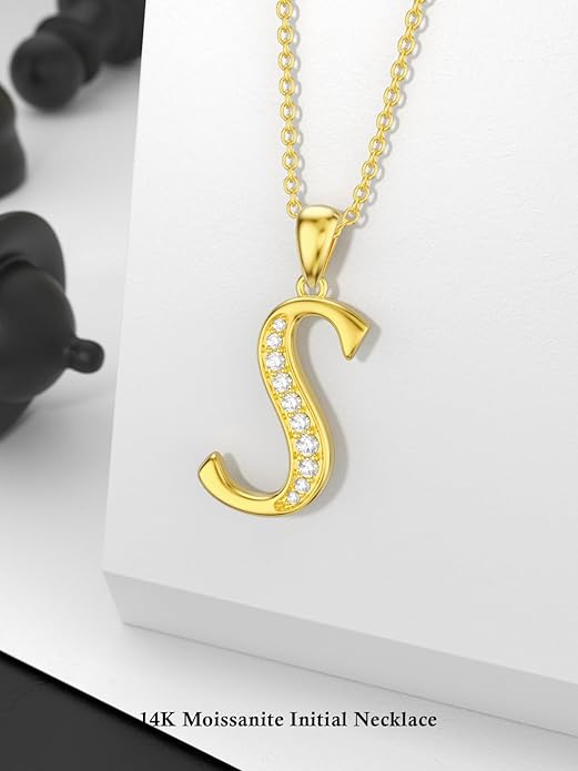 14k Gold Initial Necklace for Women, Solid Gold Moissanite Letter Pendant Necklaces Jewelry for Her Birthday Valentines Day Gifts for Mom Wife Christmas Gifts for Girlfriend Sister