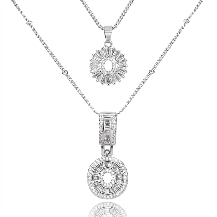Initial Letter Necklace for Women 14k White Gold Silver Plated Dainty Necklaces Trendy Chunky Custom Layered Necklace Set Personalized Round Circle Zirconia A-Z Letter Chain Pendant Jewelry Gift