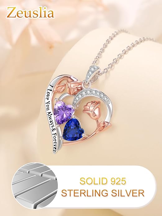 Valentine's Day Gifts for Wife 925 Sterling Silver Double Birthstone Pendant Necklaces I Love You for Always and Forever Necklace Anniversary Birthday Gifts for Wife Girlfriend Mom Her