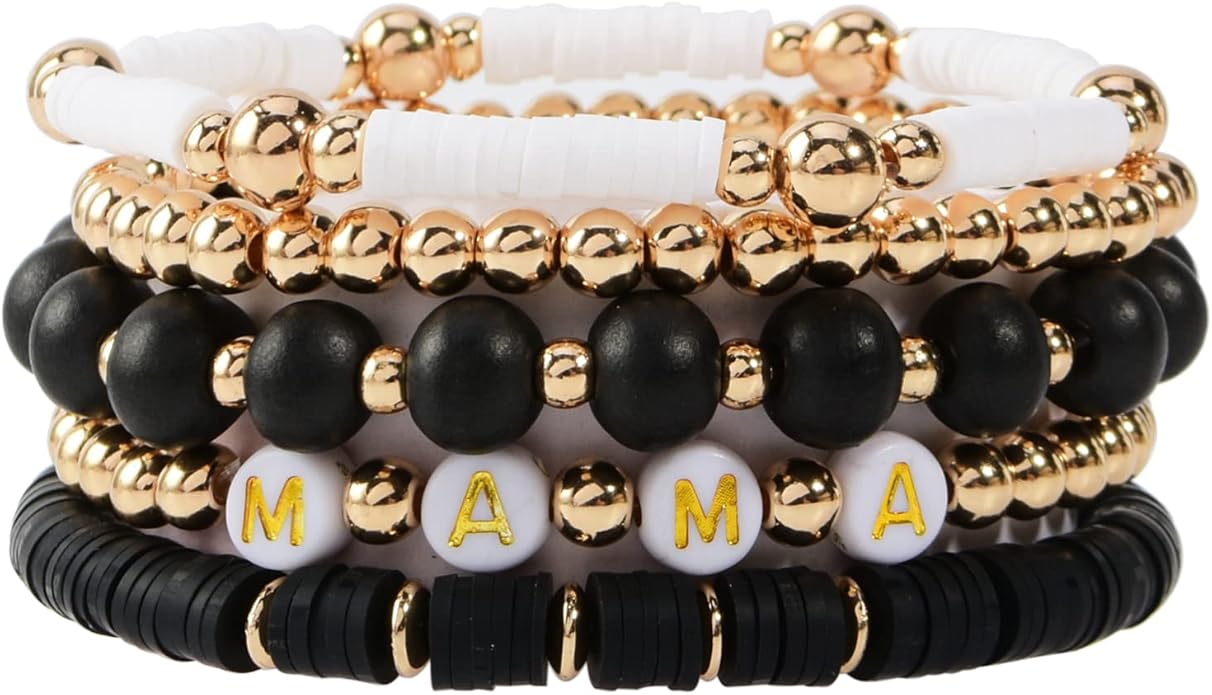 GOOJIDS Surfer Heishi Clay Bead Bracelets for Women Bohemian Stackable Gold Plated Beaded Stretch Bracelets Elastic Layering Friendship Bracelets Set Boho Jewelry