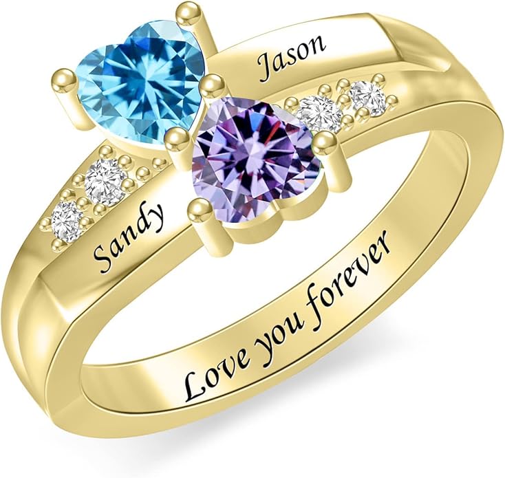 Personalized Heart Birthstone Rings for Women with 2 Birthstones Custom Name Rings for Couple Mother Daughter Jewelry Gift for Mother Her Christmas