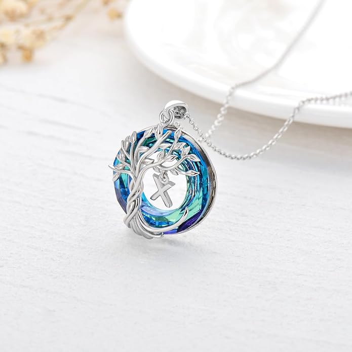 TOUPOP Gifts for Women Tree of Life Necklace 925 Sterling Silver Initial Pendant Family Tree Crystal Jewelry Valentine's Day Birthday Gifts for Her Mom Wife Girlfriend Daughter