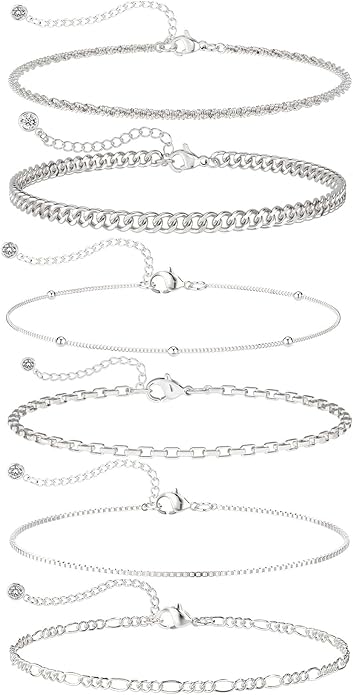 DEARMAY Dainty Silver Plated Bracelets for Women Trendy, Silver Jewelry Set for Women Bracelets for Women Paperclip Box Herringbone Figaro Rope Chain Bracelet Fashion Pack Gifts for Women