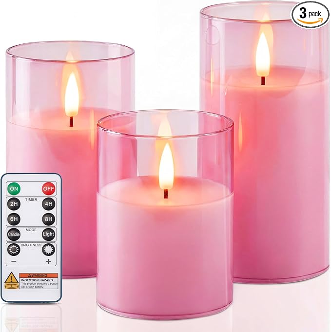 Homemory Pink Glass Flameless Candles, Real Wax, Remote Timer, 3 Pack | by Homemory