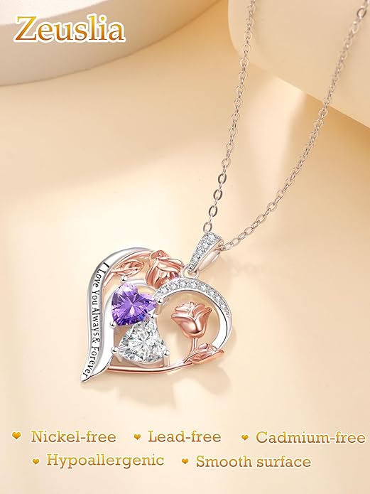 Valentine's Day Gifts for Wife 925 Sterling Silver Double Birthstone Pendant Necklaces I Love You for Always and Forever Necklace Anniversary Birthday Gifts for Wife Girlfriend Mom Her