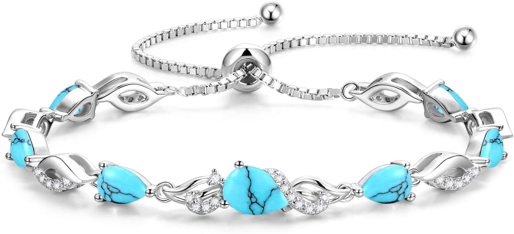 FANCIME Birthstone Teardrop Tennis Bracelet for Women, Sterling Silver 9x7mm main Gemstone Bolo Adjustable Chain Bracelet Fine Jewelry Birthday Gifts for Women Mom Wife Her