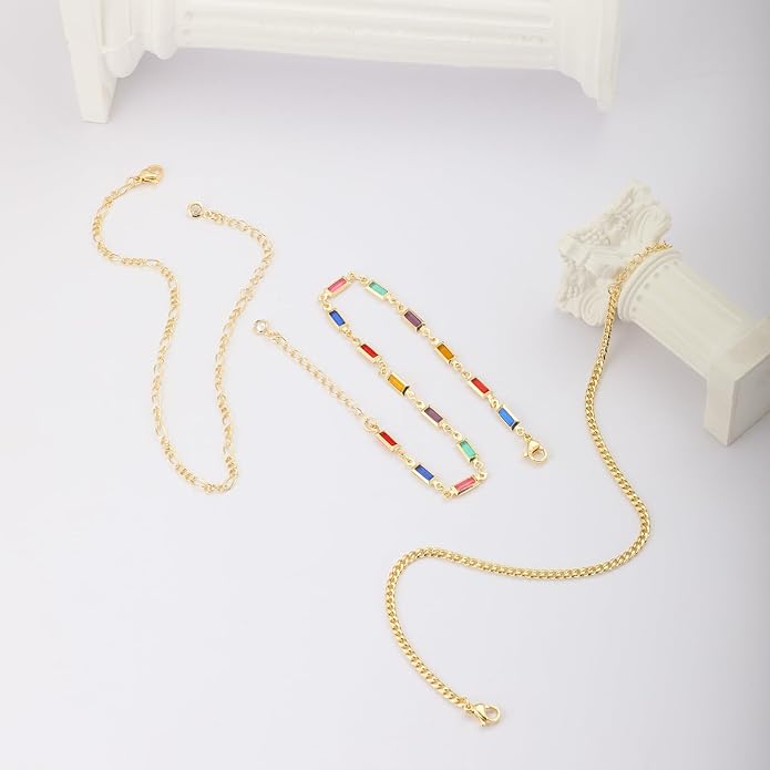 MIDEEO Gold/Silver Ankle Bracelets for Women,14K Gold Anklets for Women Waterproof Cuban Link Heart Beads Herringbone Rhinestone Anklets Set Layered Anklet Bracelets for Women Gold Jewelry Gift