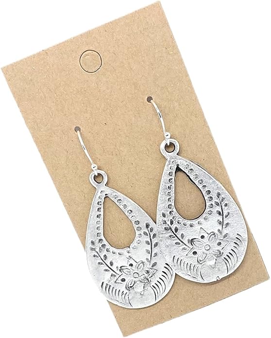 Antique Silver Floral Stamp Teardrop on Sterling Silver Earrings Boho Women Handmade Sundance Dreams Designs