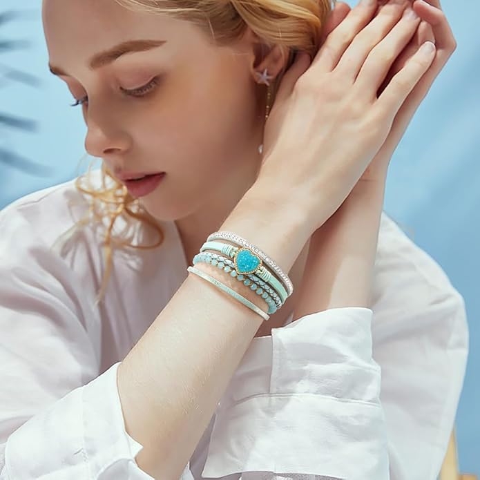 Suyi Multilayer Leather Wrap Bracelet Heart-Shape Wide Cuff Bracelets for Women