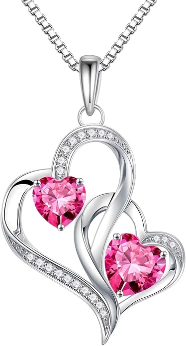 Iefil Valentines Day Gifts for Her - 925 Sterling Silver Double Birthstone Necklace, Heart Necklaces for Women, Anniversary Birthday Gifts, Personalized Jewelry Gift for Wife Mom Girlfriend