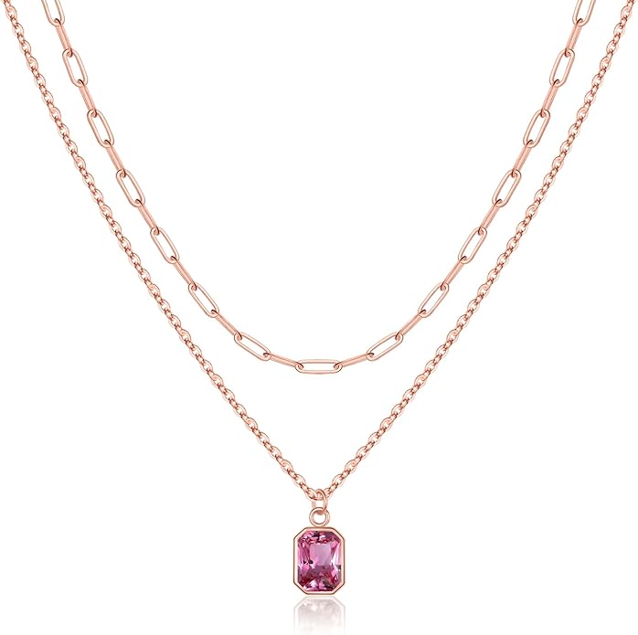 Layered Birthstone Necklace for Women Girls, 14K Gold-Plated Paperclip Chain Choker Necklace with Rectangle Birthstone Pendant Birthday Gifts for Women Girls Dainty Small
