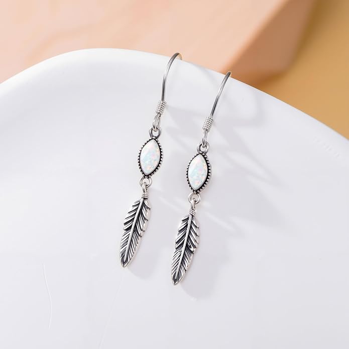 Feather Earrings for Women 925 Sterling Silver Western Boho Drop Dangle Earrings Vintage Feather Jewelry Gifts
