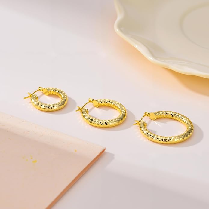 Gold Plated Hoop Earrings for Women 14K Gold Plated Earrings for Women Hypoallergenic Lightweight Wrinkle Texture Earrings Womens 20mm/25mm/30mm