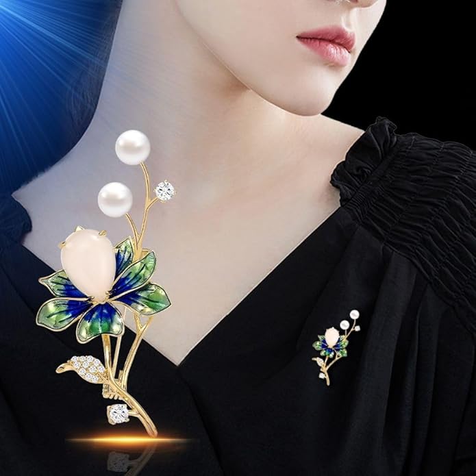 Enamel Iris Brooch - 18K Gold-plated Pin with Pearls & Rhinestones - Women's & Girls' Jewelry Gift