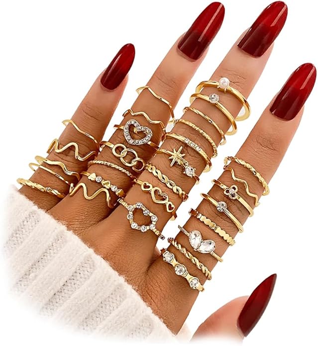 19-36 Pcs Gold Boho Knuckle Rings Set for Women, Vintage Stackable Dainty Joint Finger Gold Jewelry Set with Love Pearl and Sparkling Crystals
