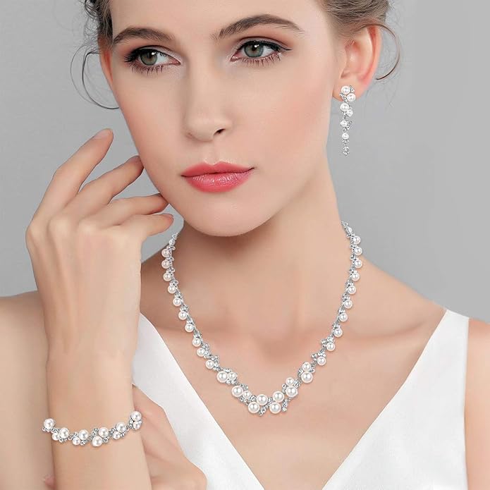 EVER FAITH Simulated Pearl Crystal Bridal Necklace Earrings Bracelet Set Clear