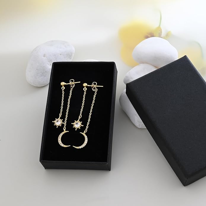 Moon and Star dangle Earrings for Women Chain Tassel with Cubic Zirconia Drop Celestial Jewelry for Wedding Gift