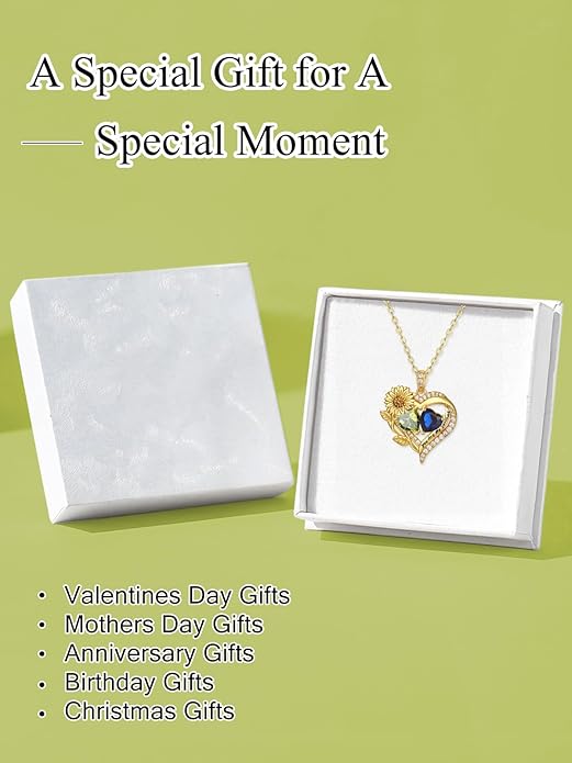 Sunflower Heart Necklace for Women 14K Gold Exquisite Valentines Day Anniversary Birthday Gifts for Wife Mother Her Double Birthstone Pendant Jewelry‘You Are My Sunshine’