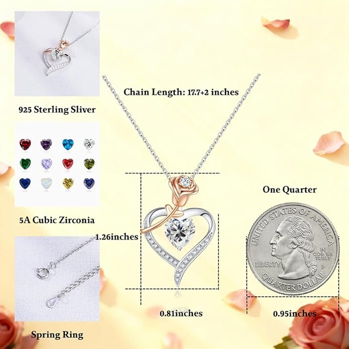immobird Rose Gold Heart Necklace Birthstone Jewelry Sterling Silver Jewelry Plated White Gold Valentine's Day Gift Women for Wife Mom Necklace for Women