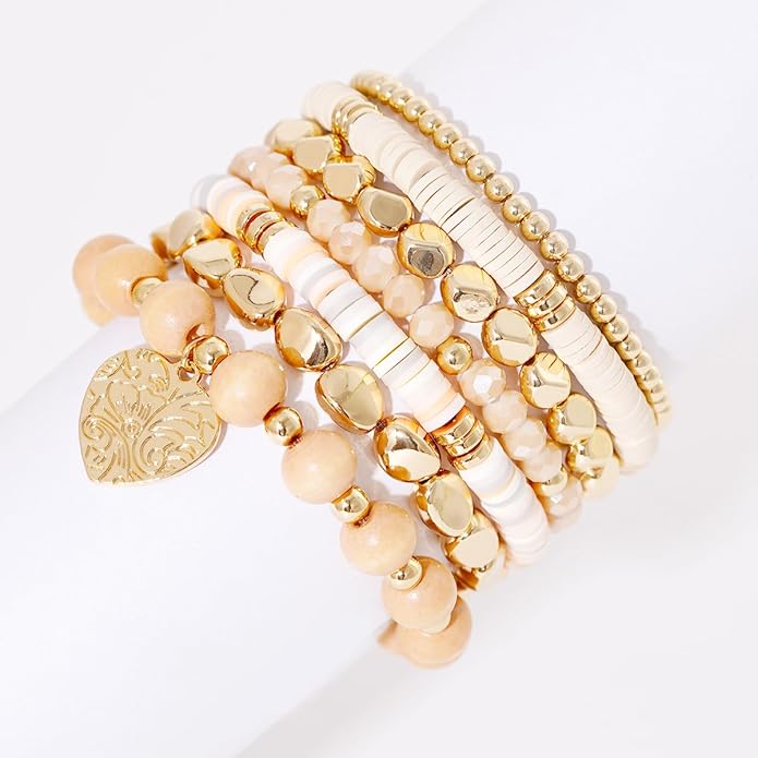 GOOJIDS Surfer Heishi Clay Bead Bracelets for Women Bohemian Stackable Gold Plated Beaded Stretch Bracelets Elastic Layering Friendship Bracelets Set Boho Jewelry