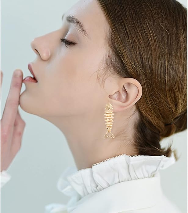 Creative Exaggerated Long Colorful Sparkly Crystal Fish Bone Dangle Drop Earrings Vintage Gold Cute Enamel Diamond Animal metal Stud Earrings