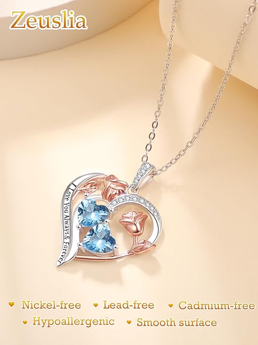Valentine's Day Gifts for Wife 925 Sterling Silver Double Birthstone Pendant Necklaces I Love You for Always and Forever Necklace Anniversary Birthday Gifts for Wife Girlfriend Mom Her