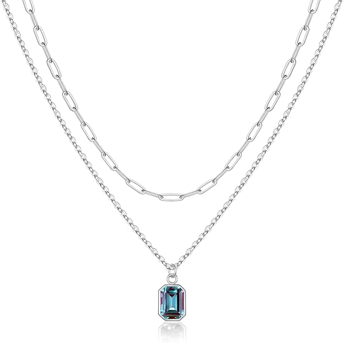 Layered Birthstone Necklace for Women Girls, 14K Gold-Plated Paperclip Chain Choker Necklace with Rectangle Birthstone Pendant Birthday Gifts for Women Girls Dainty Small