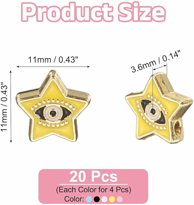 MECCANIXITY 20 Pcs Star Evil Eye Beads Colorful Flat Loose Spacer Evil Eye Charms for DIY Bracelet Earrings Necklace Crafts Jewelry Making, Pink/Sky Blue/Yellow/Black/White