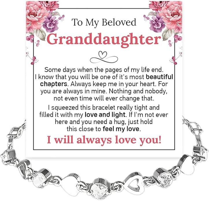 To My Granddaughter Bracelet from Grandma and Grandpa, Heart Chain Bracelet with Shiny Stones, Perfect Birthday or Graduation Christmas Gift for Granddaughter with Message Card and Gift Box