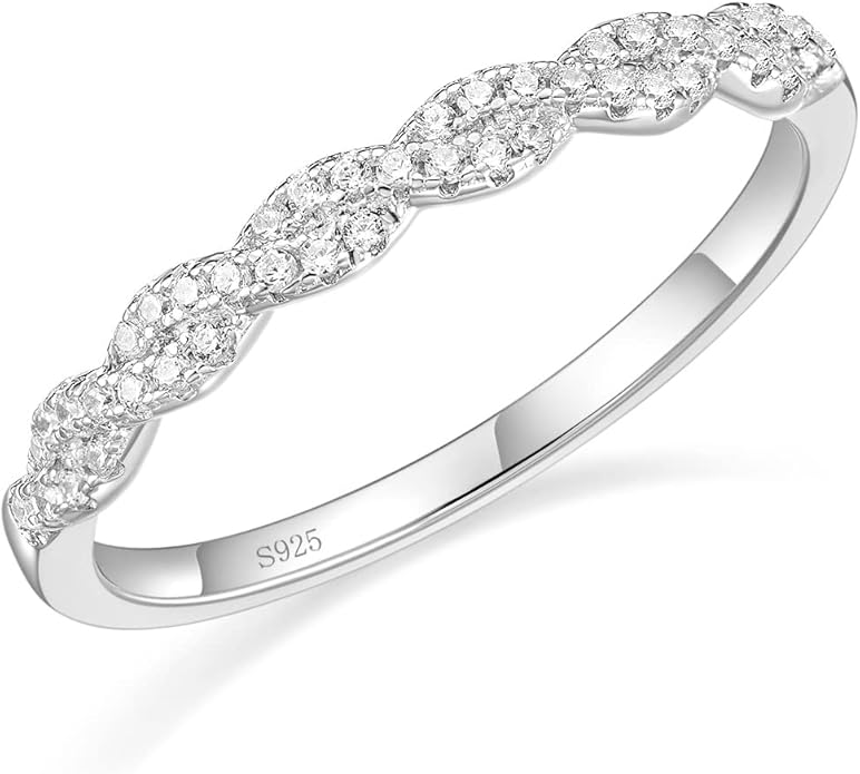 EAMTI 925 Sterling Silver Wedding Band for Women Cubic Zirconia Twisted Rope Half Eternity Band Ring Size 3-13