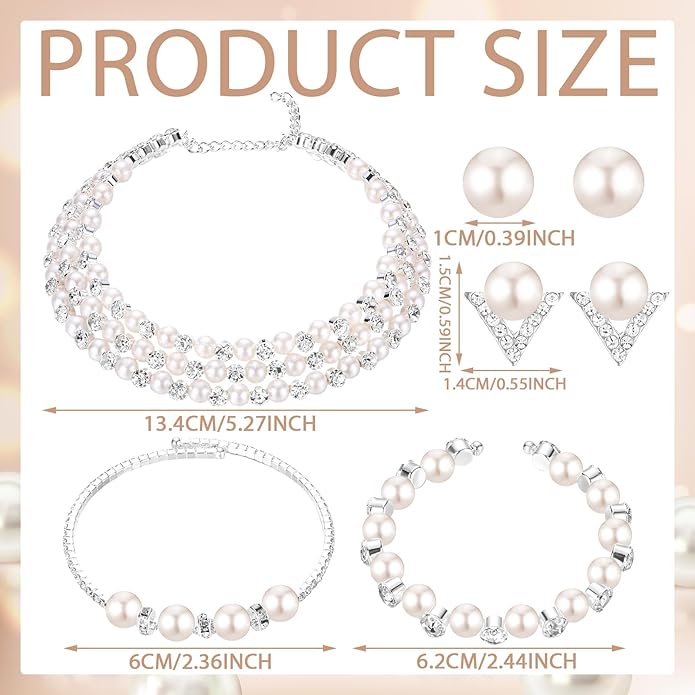 Glenmal Pearl Rhinestone Jewelry Set for Women Pearl Necklace Bracelet Earrings for Wedding Birthday Bridal Shower Tea Party