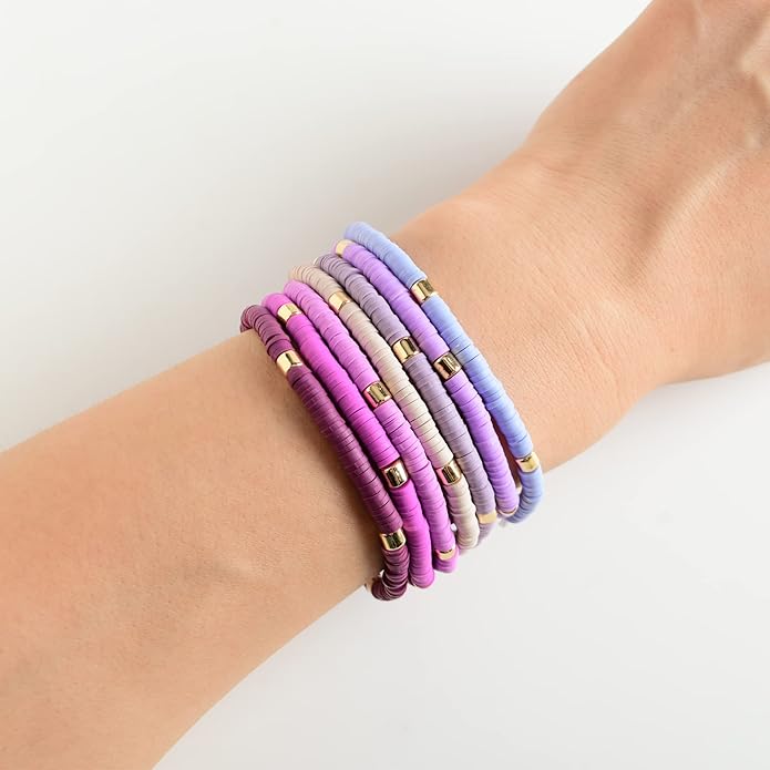 GOOJIDS Surfer Heishi Clay Bead Bracelets for Women Bohemian Stackable Gold Plated Beaded Stretch Bracelets Elastic Layering Friendship Bracelets Set Boho Jewelry