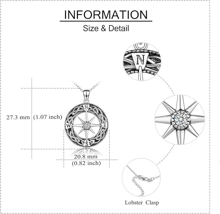 Compass Necklace Sterling Silver Celtic Knot Necklace Graduation Friendship Talisman Travel Necklace Inspirational Graduation Gift Jewelry Gifts for Women Girls