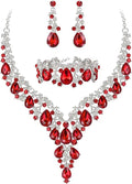 BriLove Women's Wedding Bridal Austrian Crystal Teardrop Flower Cluster Statement Necklace Dangle Earrings Jewelry Set for Party Prom