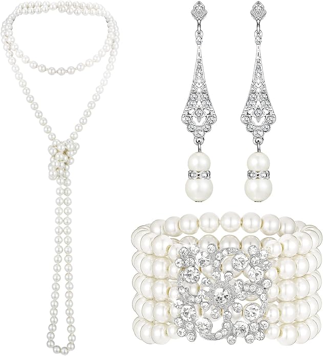 Maitys 3 Pcs 1920s Pearl Jewelry Set Includes Vintage Flapper Earrings Multilayer Imitation Pearl Necklace Bracelet for Women