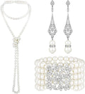 Maitys 3 Pcs 1920s Pearl Jewelry Set Includes Vintage Flapper Earrings Multilayer Imitation Pearl Necklace Bracelet for Women