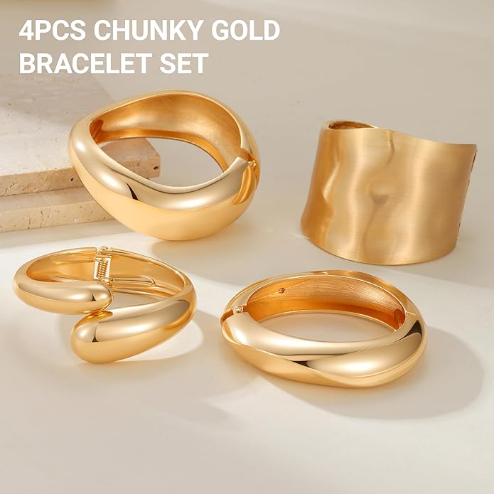 Chunky Gold Bangle Bracelets for Women, Premium Zamak 3 Alloy with 14K PVD Vacuum-Ion Plating & Electrophoretic Finish, Ideal for Parties, Weddings, Christmas & Valentine’s Day Gifts
