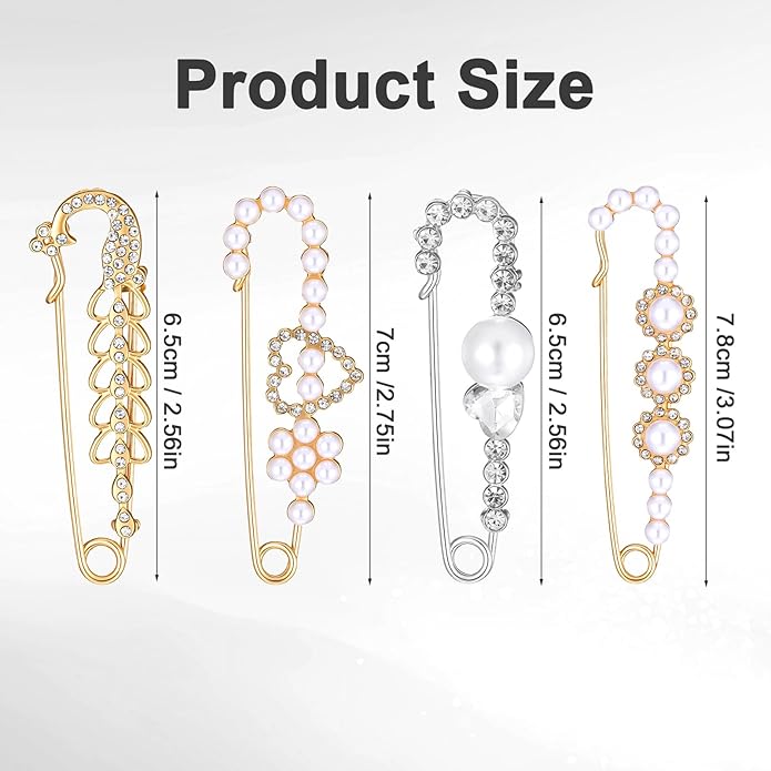 4 Pieces Pearl Brooch Pins, Faux Crystal Decorative Safety Pins for Clothing Sweater Shawl Pin and Brooches Pearl Safety Pin for Women Dress Pants Scarf Skirt Cardigan Collar