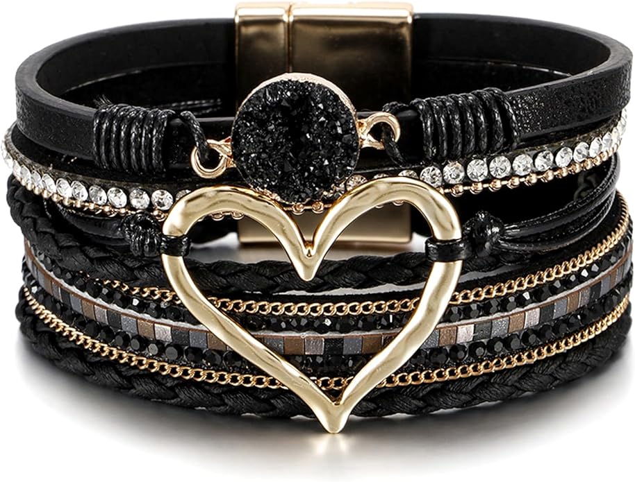 Fesciory Leopard Bracelet for Women, Boho Leather Wrap Multi-Layer Pearl Crystal Bracelet Bangle Jewelry