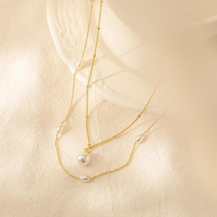 Pearl Necklaces for Women-14k Gold Plated Layered-Single Pearl Necklace Simple Pearl Choker Necklaces for Women Trendy Cute Gold Necklace Jewelry for Women Gifts