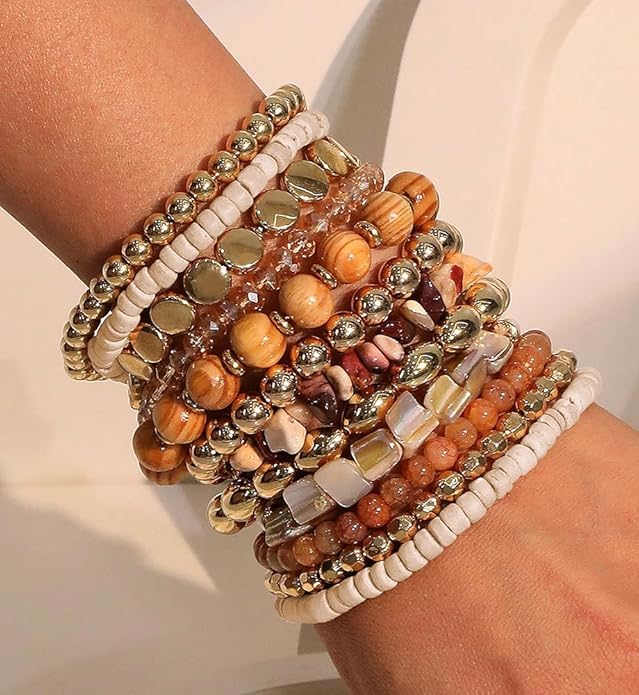iF YOU 12 Pcs Boho Beaded Bracelets for Women, Brown Orange Bohemian Stackable Gold Bead Stretch Bracelets Stack Jewelry Gift