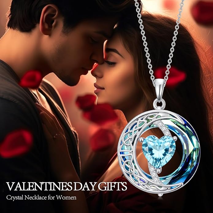 Valentines Day Gifts for Women, Birthstone Necklace for Women, Celtic Moon Pendant Blue Crystal Necklace Heart Jewelry Anniversary Jewelry Gift for Daughter Wife Mother Sister