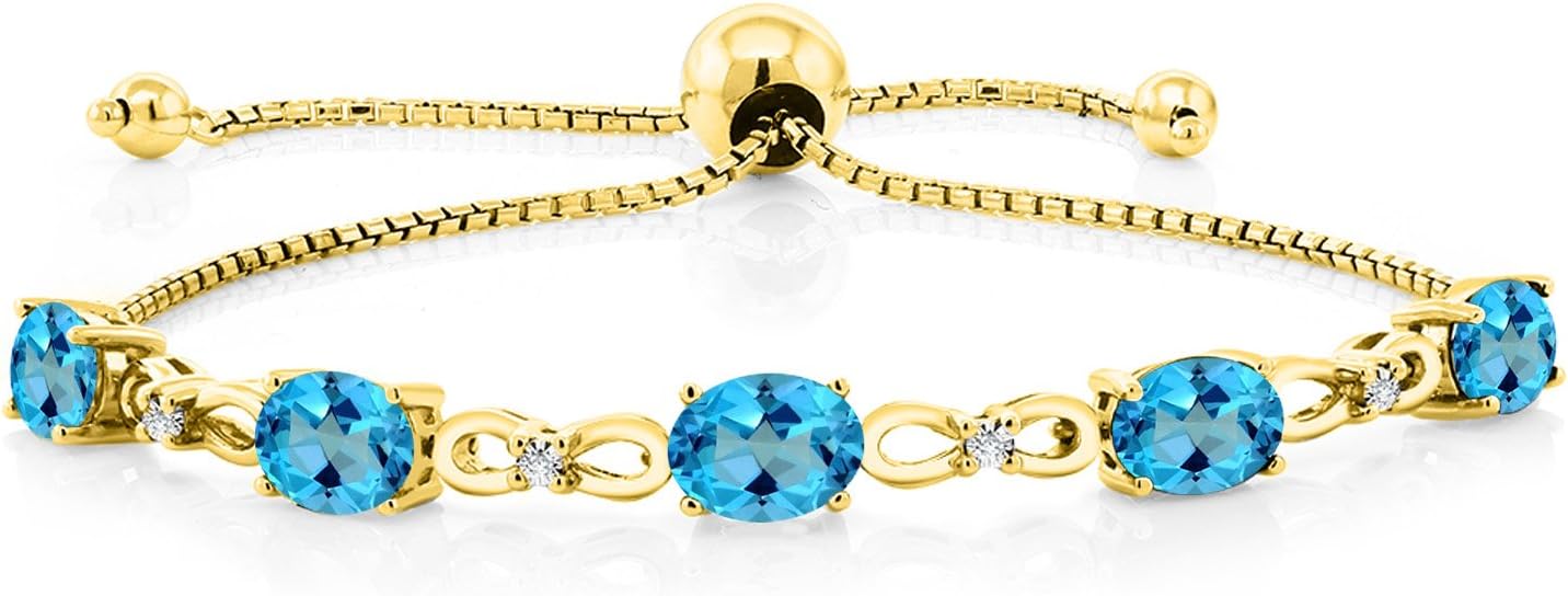 Gem Stone King 7X5MM Oval Cut Gemstone Birthstone and Accent Lab Grown Diamond Tennis Bracelet For Women In 18K Yellow Gold Plated Silver | Adjustable Bolo Bracelet For Women | Easy-On Easy-Off