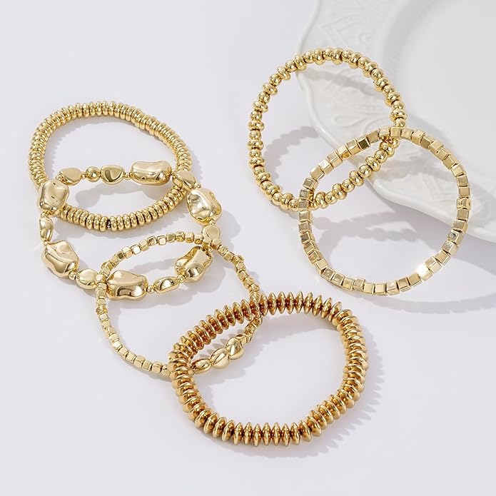 Gold Plated Beaded Bracelets for Women Trendy, 14K Gold Plated Stack Cross Pearl Gold Plated Bead Stretch Bracelets Set Elastic Hypoallergenic Bracelets Jewelry Gifts