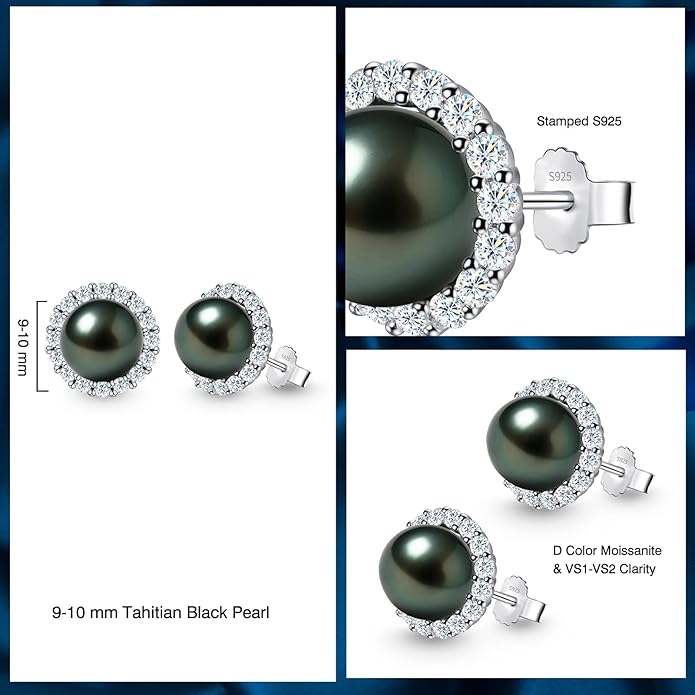 Genunie Tahitian Black Pearl Earrings, 9-11mm AAAA Natural Ocean-Grown Pearls with Sterling Silver Moissanite Earring, Anniversary Wedding Birthday Christmas Gift for Wife Mom Daughter, Women Jewelry