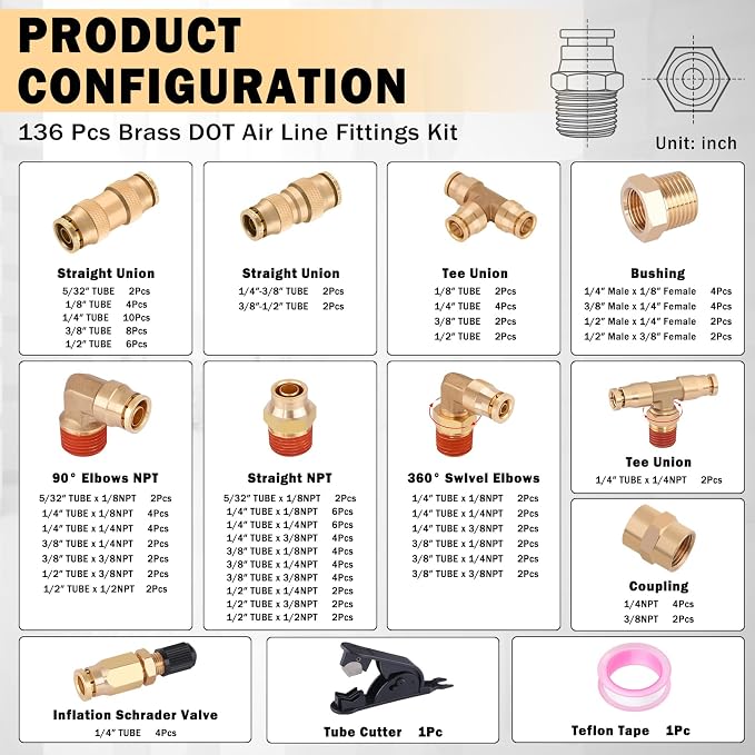 CheeMuii 136 Pcs Brass DOT Air Line Fittings Kit Push Lock DOT Air Fittings | - Image 2