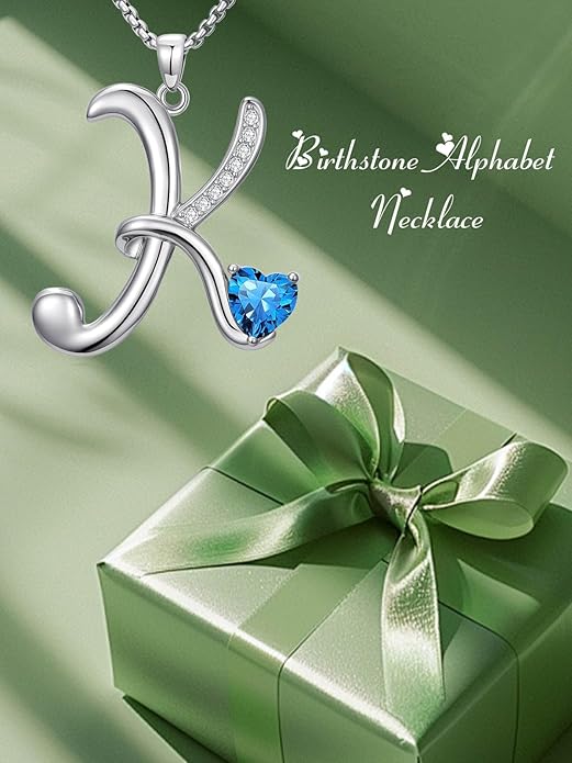 Valentines Day Gifts for Women Alphabet A to Z Initial Birthstone Pendant Necklaces for Women - 18k White Gold Plated Personalized Name Jewelry Valentine Mothers Day Birthday Gifts for Women Her Girlfriend