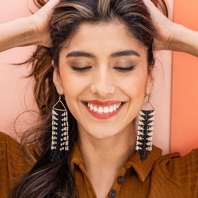 INK+ALLOY Beaded Earrings for Women Dangling, Emilie Seed Bead Long Fringe Statement Boho Earrings, Hypoallergenic Handmade Jewelry for the Modern Bohemian, 4.5-Inch